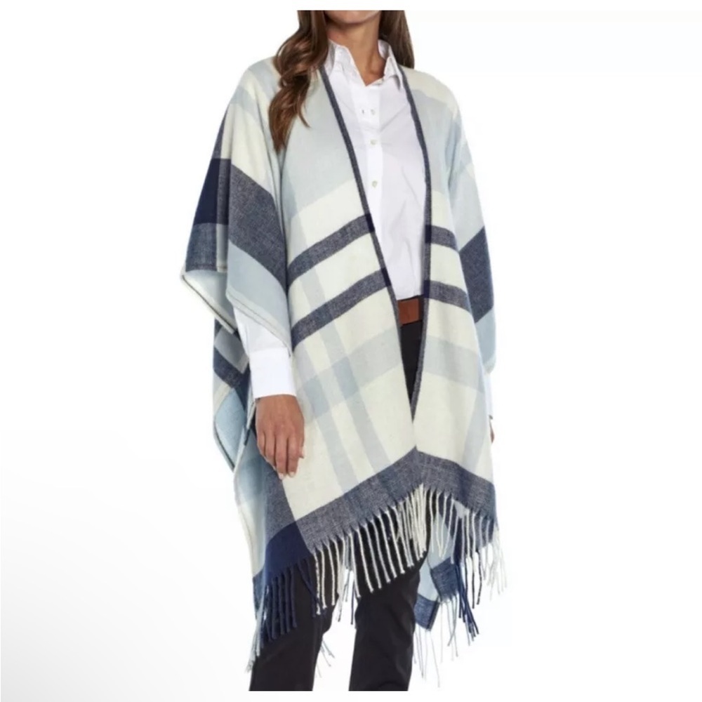 Banana Republic New w Tag Cashmere Blend Blanket Wrap Skyler Blue Plaid Fringe